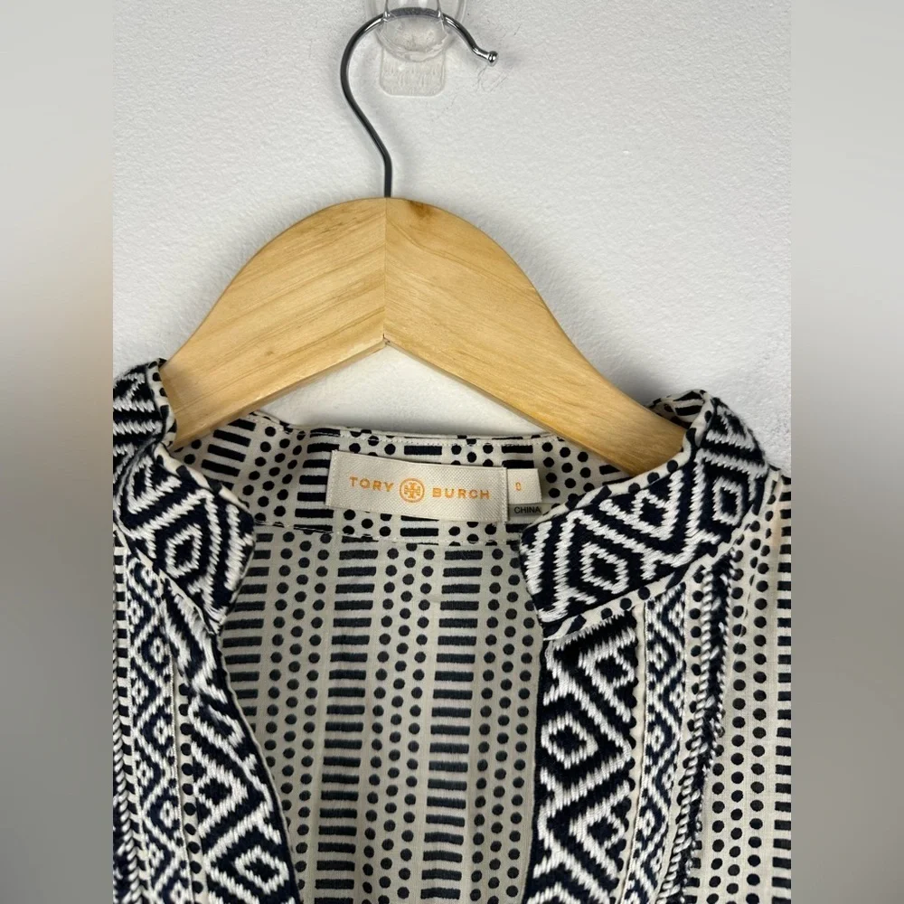TORY‎ BURCH Corossol Black White Cotton V-Neck Mini Dress Coverup Sz 0